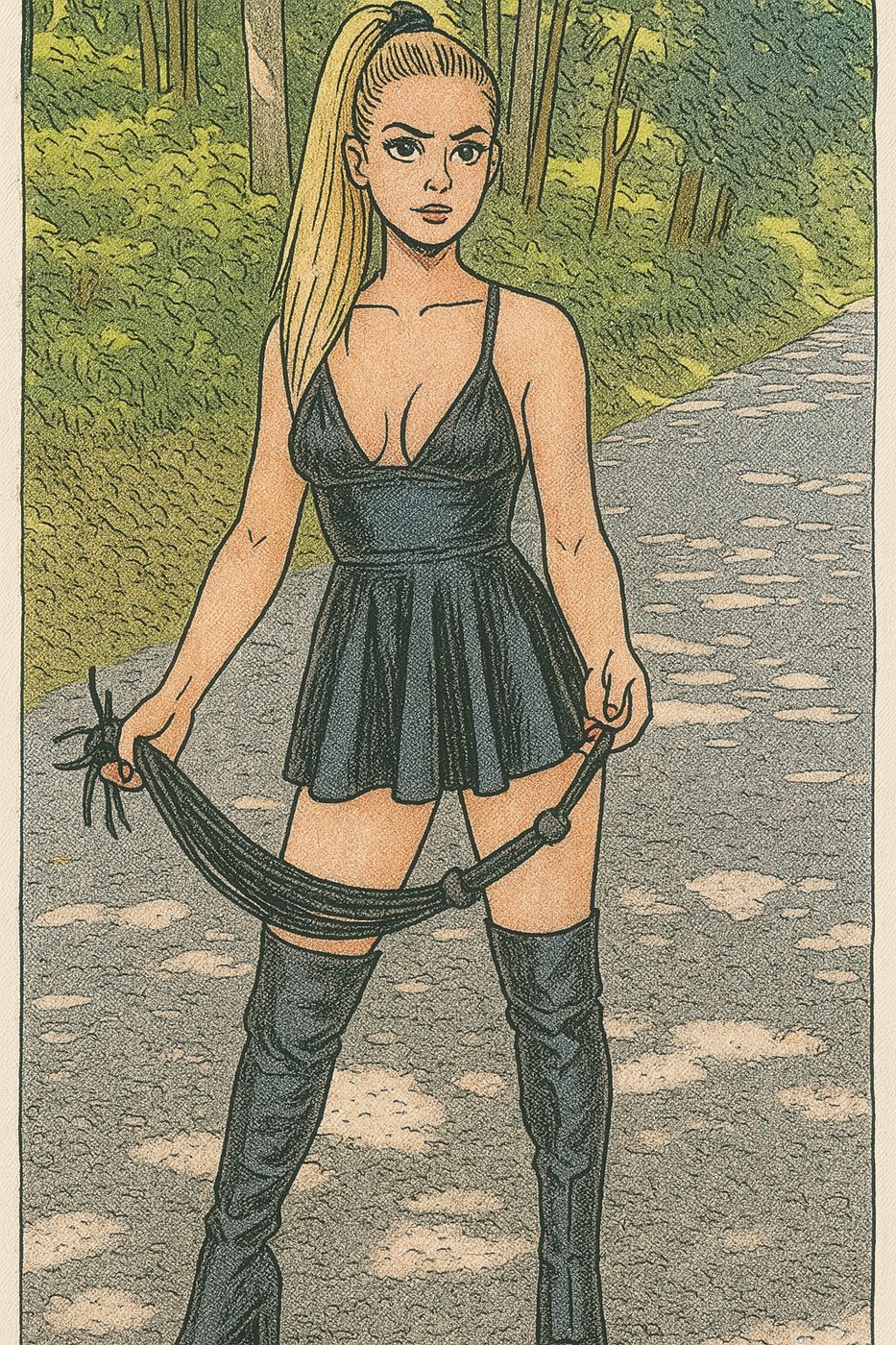 Illustration von Lady Karla in schwarzem Kleid und Overknee-Stiefeln mit Peitsche